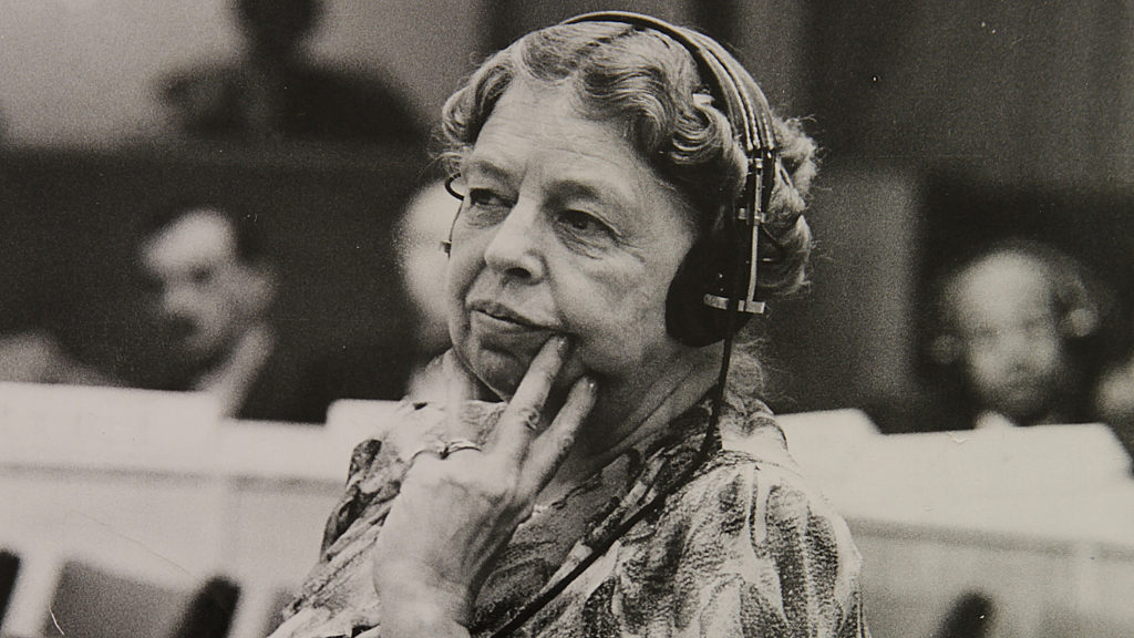 Delegate Eleanor Roosevelt at a meeting of the United Nations.