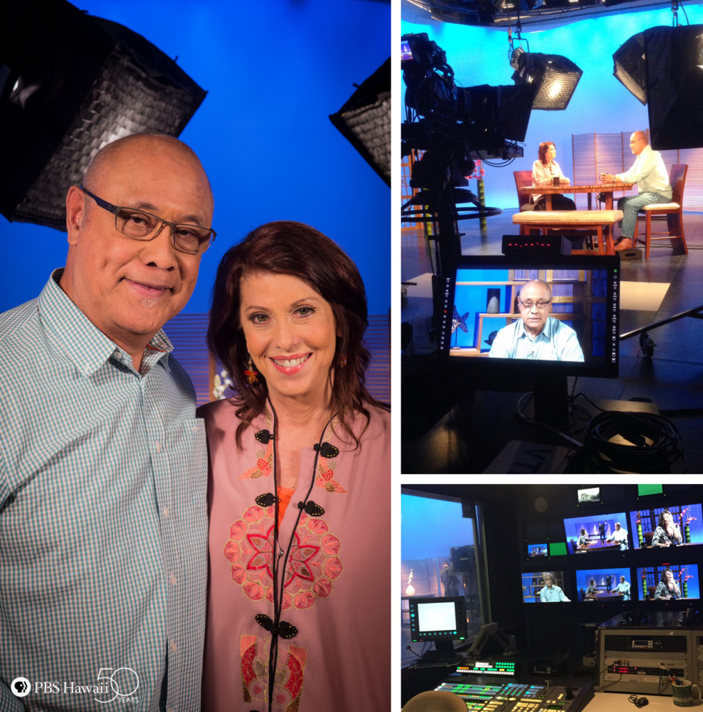 Bob Apisa pictured with Leslie Wilcox, #BehindTheScenes at PBS Hawaii.