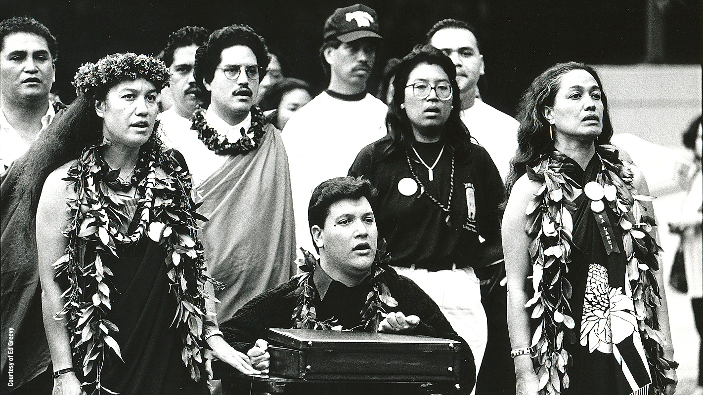 Kanalu Young, center, was in the front line of the 1993 ‘Onipa‘a march, which observed the 100th anniversary of the Hawaiian Kingdom overthrow. Photo courtesy of Ed Greevy.